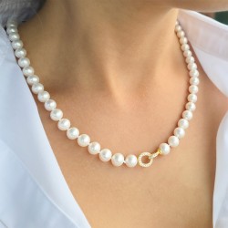 Κολιέ με Κ14 χρυσό κούμπωμα με ζιργκόν και λευκά μαργαριτάρια - F126582